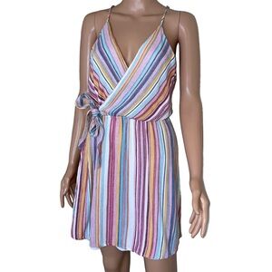 Staccato dress faux wrap mini rainbow striped fit flare side tie summer SZ LG